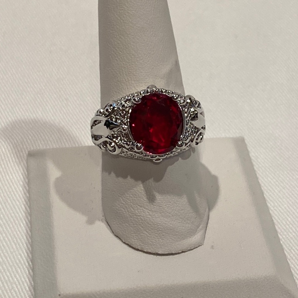 Silver Tone Red Gem Statement Ring, Size 10